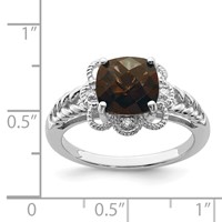 Sterling Silver Rhodium Checker-Cut Smoky Quartz & Diam. Ring view 3