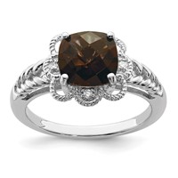 Sterling Silver Rhodium Checker-Cut Smoky Quartz & Diam. Ring view 1