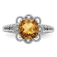 Sterling Silver Rhodium Checker-Cut Whiskey Quartz & Diam. Ring view 5