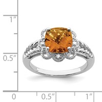Sterling Silver Rhodium Checker-Cut Whiskey Quartz & Diam. Ring view 3