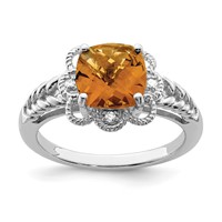 Sterling Silver Rhodium Checker-Cut Whiskey Quartz & Diam. Ring view 1