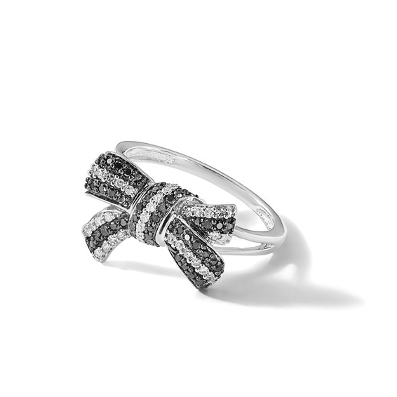White Night Sterling Silver Rhodium-plated Black and White Diamond Bow Ring