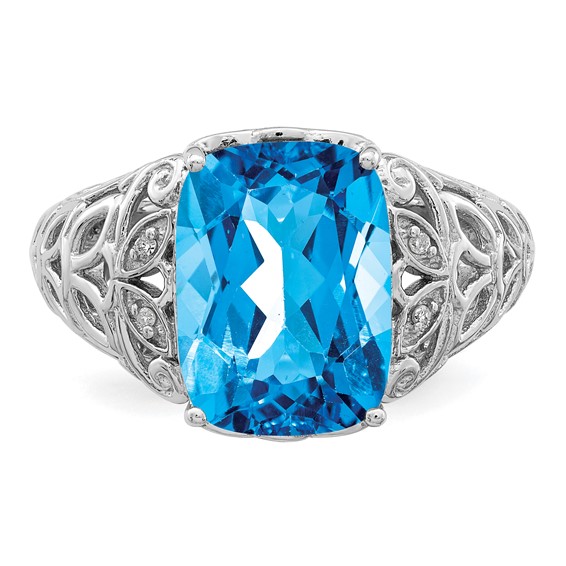 Sterling Silver Rhodium Swiss Blue Topaz & Diam. Ring