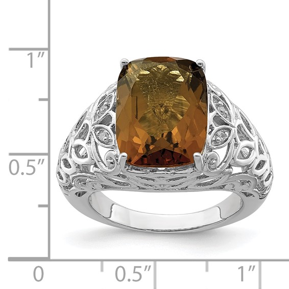 Sterling Silver Rhodium Whiskey Quartz & Diam. Ring