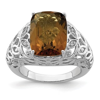 Sterling Silver Rhodium Whiskey Quartz & Diam. Ring