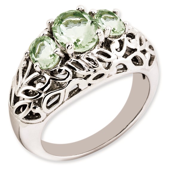 Sterling Silver Rhodium-plated Oval Green Quartz Ring