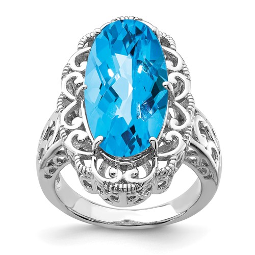 Sterling Silver Rhodium Oval Blue Topaz Ring