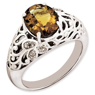 Sterling Silver Rhodium-plated Oval Whiskey Quartz & Diamond Ring