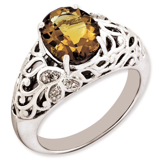 Sterling Silver Rhodium-plated Oval Whiskey Quartz & Diamond Ring