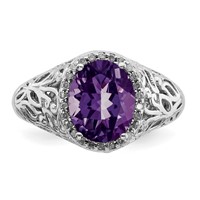 Sterling Silver Rhodium-plated Oval Amethyst & Diamond Ring view 5