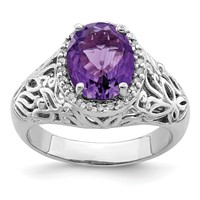 Sterling Silver Rhodium-plated Oval Amethyst & Diamond Ring view 1
