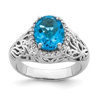 Sterling Silver Rhodium Oval Swiss Blue Topaz & Diam. Ring view 1
