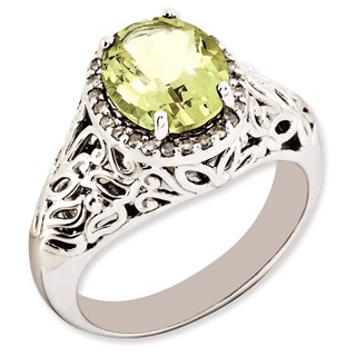 Sterling Silver Rhodium-plated Oval Lemon Quartz & Diamond Ring