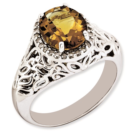 Sterling Silver Rhodium-plated Oval Whiskey Quartz & Diamond Ring