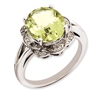 Sterling Silver Rhodium-plated Oval Lemon Quartz & Diamond Ring
