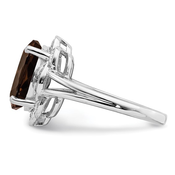 Sterling Silver Rhodium Oval Smoky Quartz & Diam. Ring