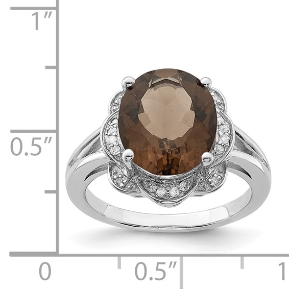 Sterling Silver Rhodium Oval Smoky Quartz & Diam. Ring