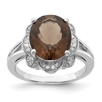 Sterling Silver Rhodium Oval Smoky Quartz & Diam. Ring view 1