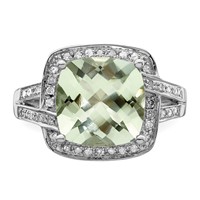 Sterling Silver Rhodium Checker-Cut Green Quartz & Diam. Ring view 5