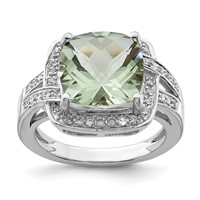 Sterling Silver Rhodium Checker-Cut Green Quartz & Diam. Ring view 1
