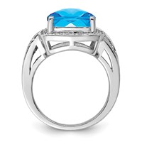 Sterling Silver Rhodium Checker-Cut Swiss Blue Topaz & Diam. Ring view 2