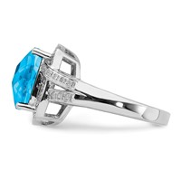 Sterling Silver Rhodium Checker-Cut Swiss Blue Topaz & Diam. Ring view 3