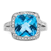 Sterling Silver Rhodium Checker-Cut Swiss Blue Topaz & Diam. Ring view 5