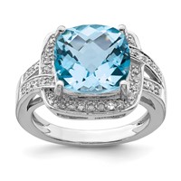 Sterling Silver Rhodium Checker-Cut Swiss Blue Topaz & Diam. Ring view 1