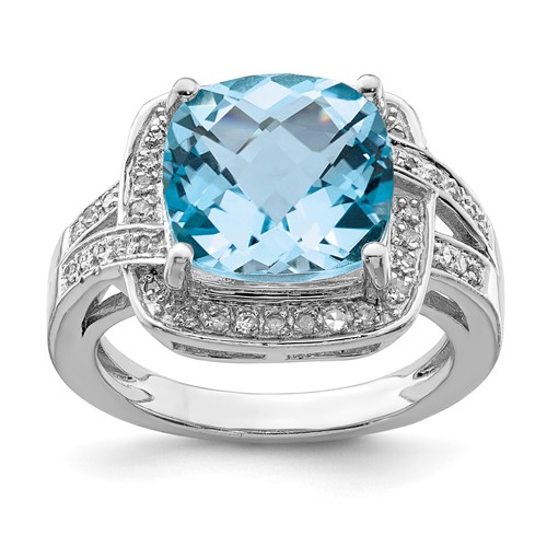 Sterling Silver Rhodium Checker-Cut Swiss Blue Topaz & Diam. Ring