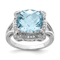 Sterling Silver Rhodium Checker-Cut Sky Blue Topaz & Diam. Ring view 1