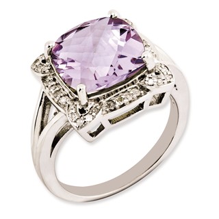 Sterling Silver Rhodium-plated Checker-Cut Pink Quartz & Diamond Ring