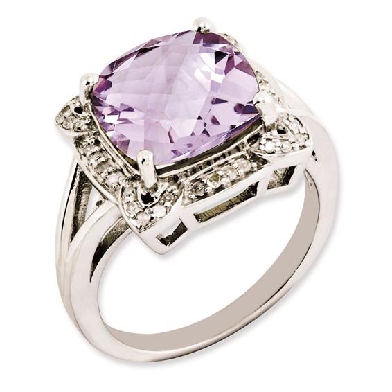Sterling Silver Rhodium-plated Checker-Cut Pink Quartz & Diamond Ring