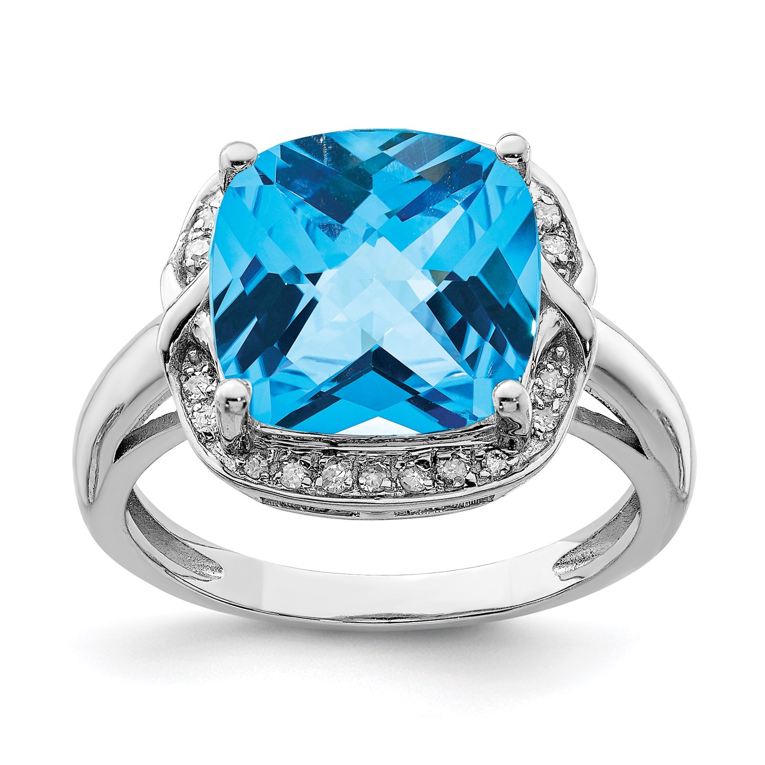 SS Cushion Swiss blueee Topaz & Diamond Ring CT Wt- 6.37ct Met Wt-3.57g SS Cushion Swiss blueee Topaz & Diamond Ring CT Wt- 6.37ct Met Wt-3.57g