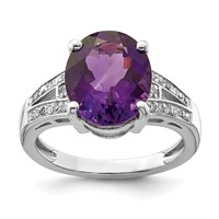 Sterling Silver Rhodium-plated Oval Amethyst & Diamond Ring view 1