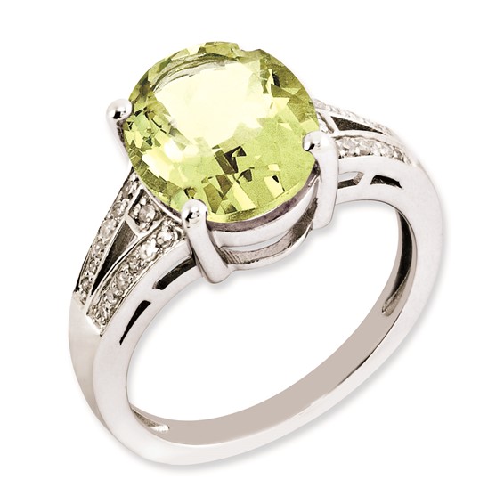 Sterling Silver Rhodium-plated Oval Lemon Quartz & Diamond Ring