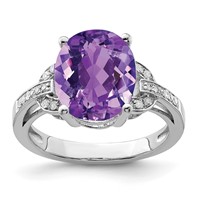 Sterling Silver Rhodium-plated Oval Amethyst & Diamond Ring view 1