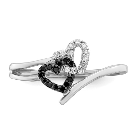 White Night Sterling Silver Rhodium-plated Black and White Diamond Double Heart Ring