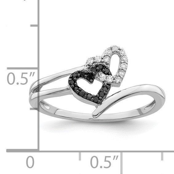 White Night Sterling Silver Rhodium-plated Black and White Diamond Double Heart Ring