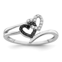 White Night Sterling Silver Rhodium-plated Black and White Diamond Double Heart Ring view 1