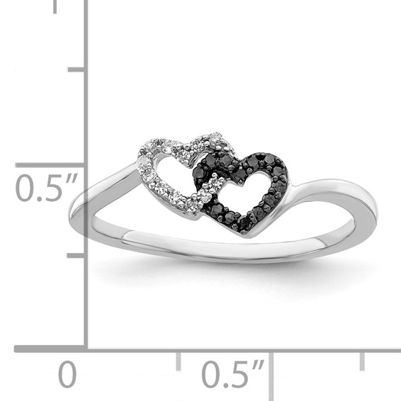 White Night Sterling Silver Rhodium-plated Black and White Diamond Double Heart Ring