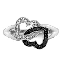 White Night Sterling Silver Rhodium-plated Black and White Diamond Hearts Ring view 4