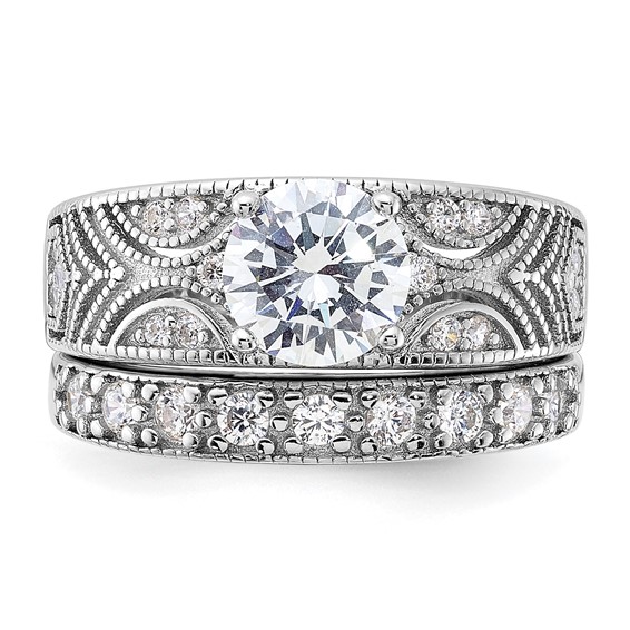 Sterling Silver Rhodium-plated Round CZ Center Wedding Ring Set