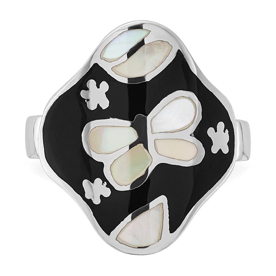 Sterling Silver Mother of Pearl & Simulated Stone Floral Butterfly Ring