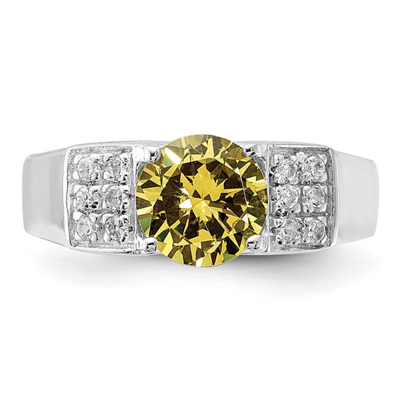 Sterling Silver Yellow Round w/Pavé Sides CZ Ring