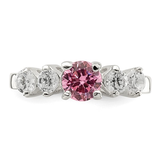 Sterling Silver Pink Round CZ w/Side Stones Ring