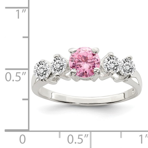 Sterling Silver Pink Round CZ w/Side Stones Ring