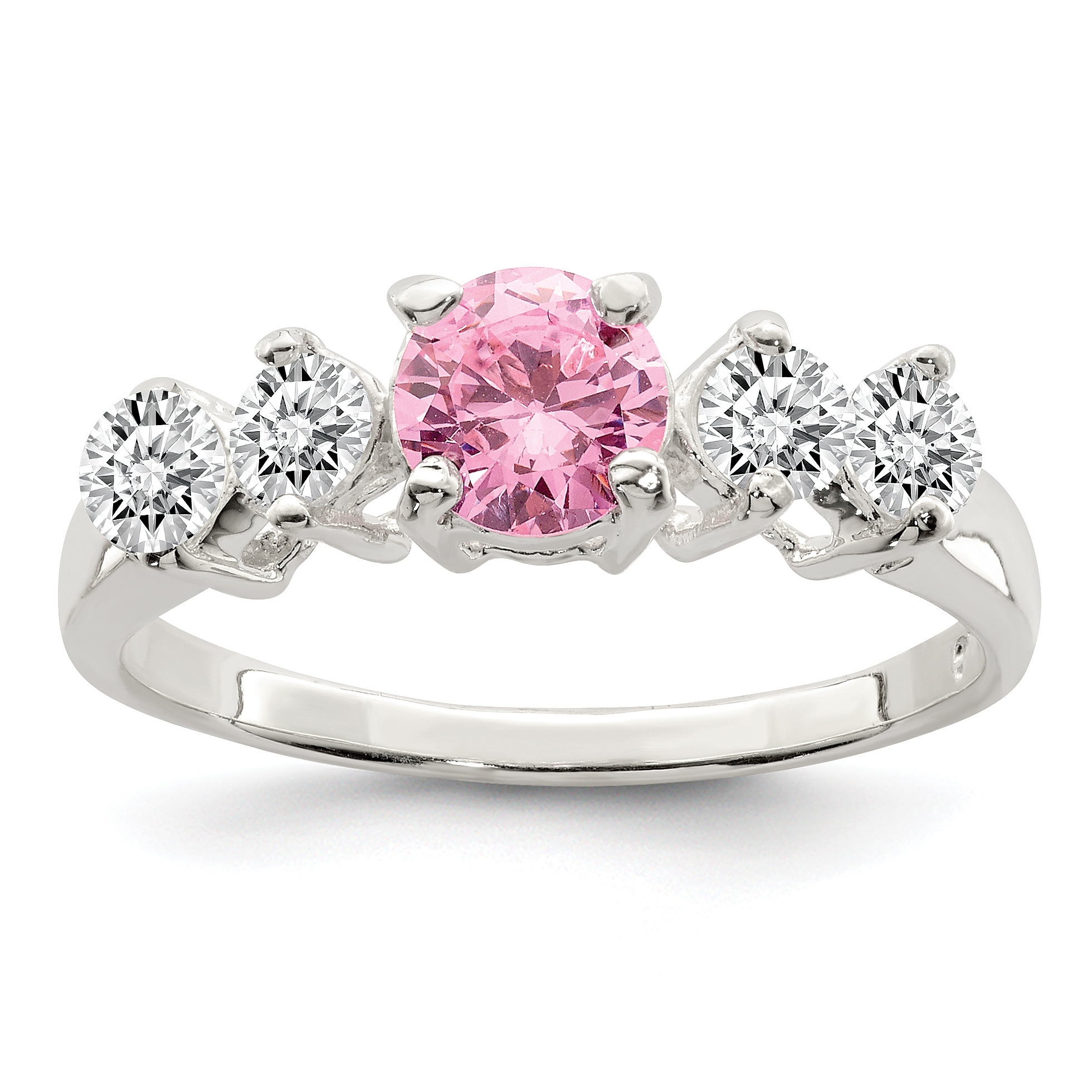 Sterling Silver Pink Round CZ w/Side Stones Ring (QR4379-7)