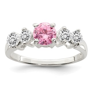 Sterling Silver Pink Round CZ w/Side Stones Ring