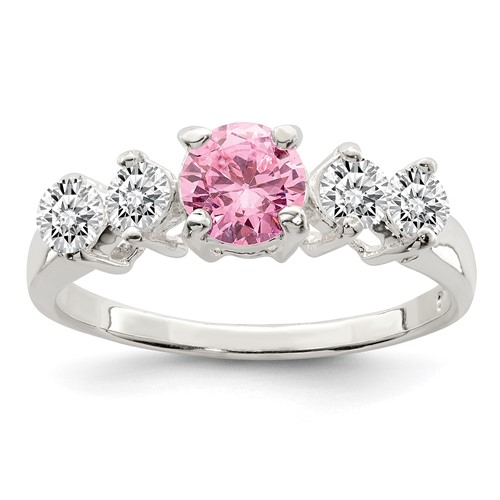 Sterling Silver Pink Round CZ Ring with Side Stones