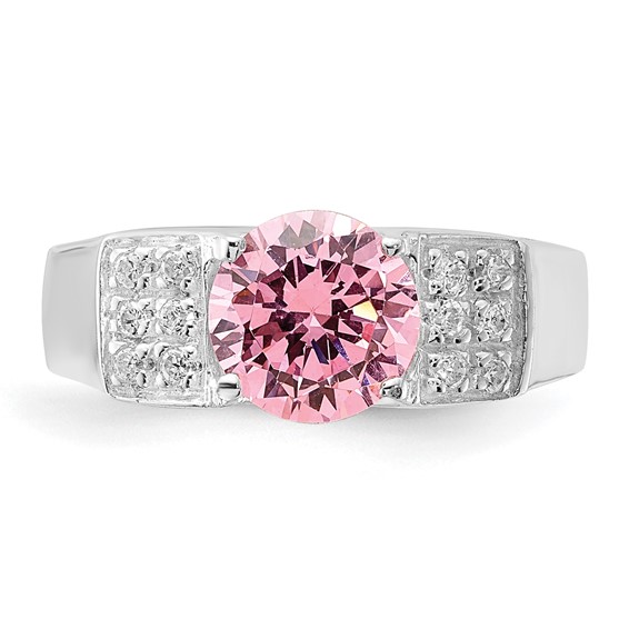 Sterling Silver Pink Round w/Pavé Sides CZ Ring